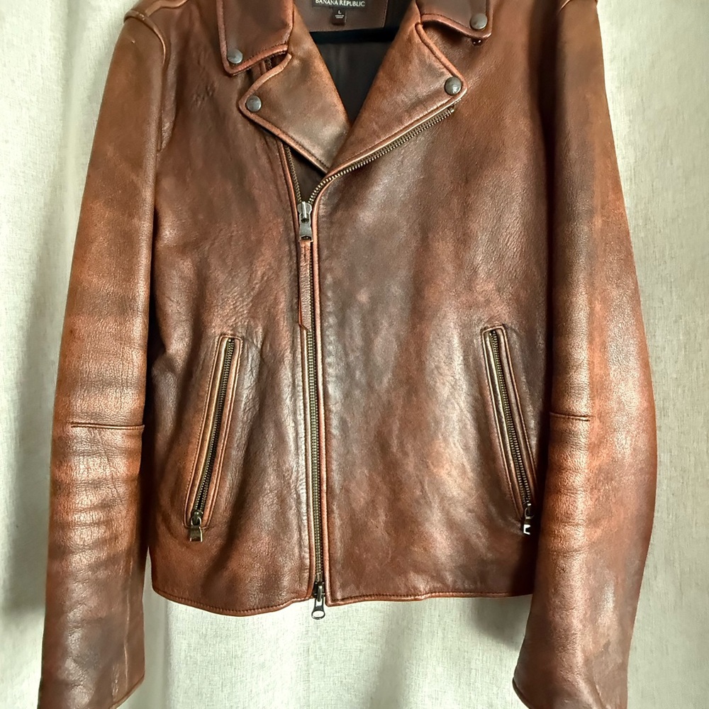 Banana Republic Distressed Brown Leather Moto Jacket size Large - Picture 4 of 5
